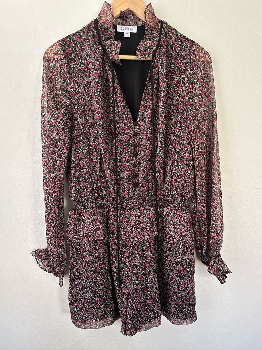 Barneys New York Floral Sheer Long Sleeve Romper Size Medium Black Pink